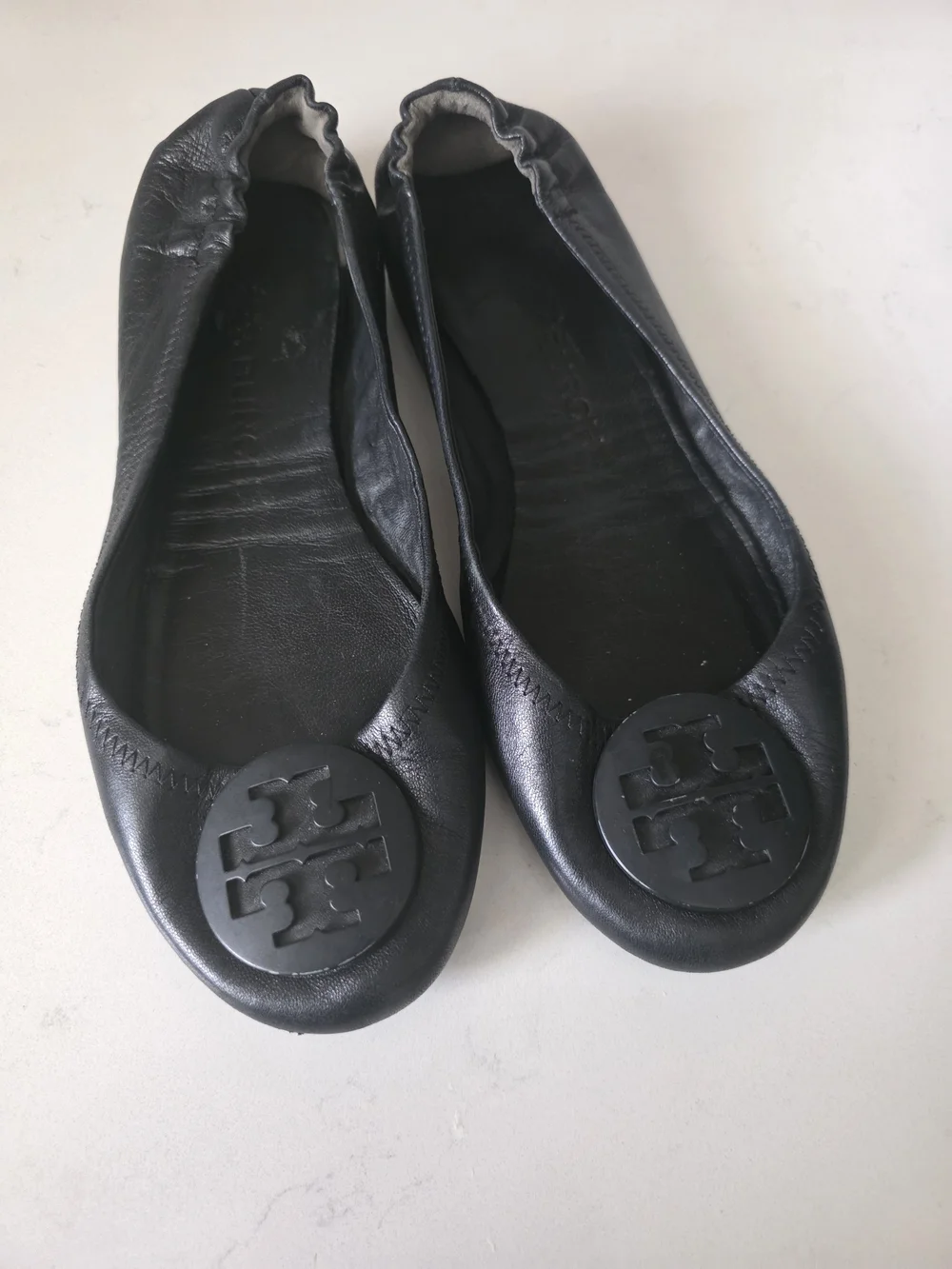 Tory Burch Black Leather Logo Ballet Flats